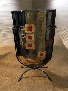 Vintage Jasmine Art Glass Vase In Metal Stand